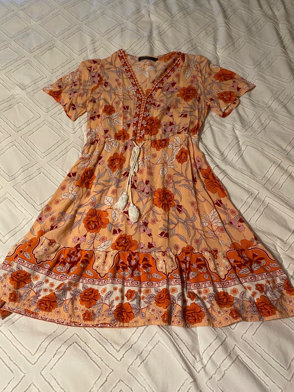 Leani Peach Floral Boho Drawstring Dress with White Tassels